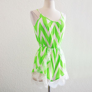 Lime Green and White Lace Chevron Romper